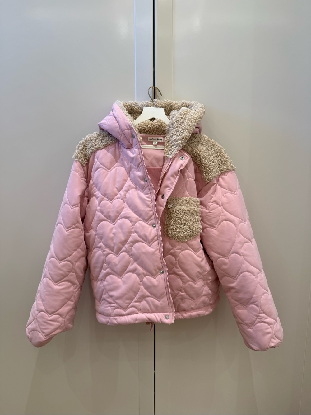 For Love & Lemons Pink Heart Puffer Coat, Hooded Sherpa Trim
